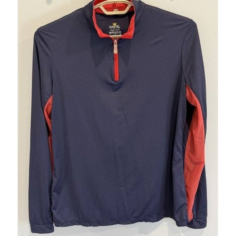 Kastel Denmark Long Sleeve Navy Red Trim Rhinestone Crown 1/4 Shirt Mesh Size XL